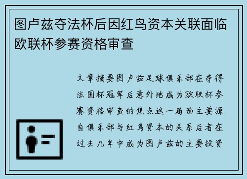 图卢兹夺法杯后因红鸟资本关联面临欧联杯参赛资格审查